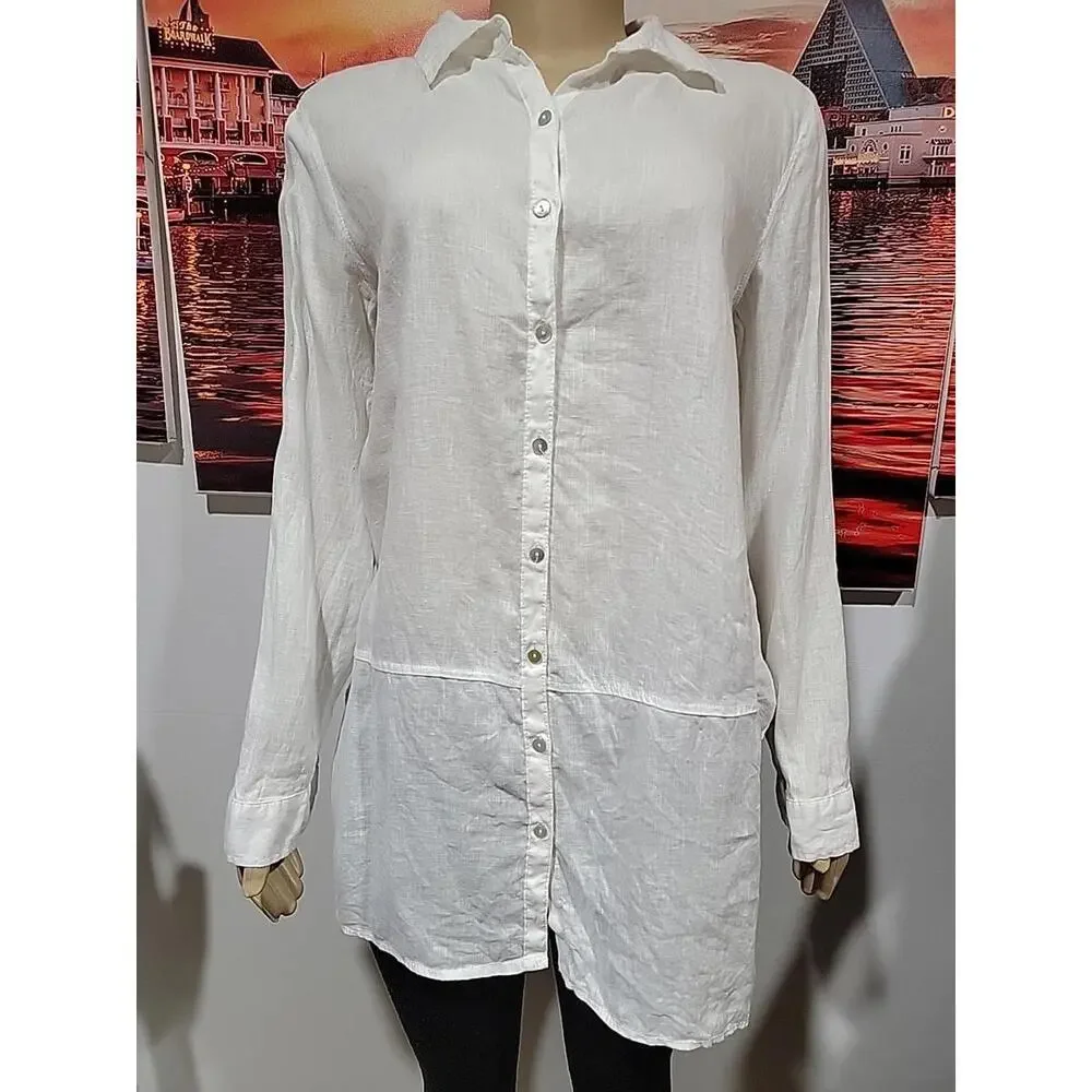 Tahari 100% Linen White Size M Roll-tab Sleeves Button Down Shirt Tunic Top #C - Picture 3 of 12